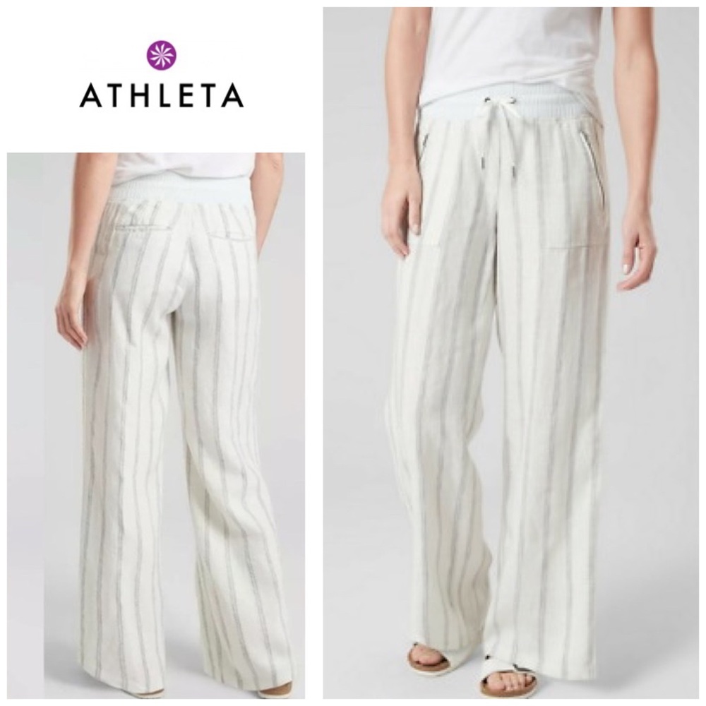 Athleta Cream and Gray Wide Leg Linen-Blend Pants
